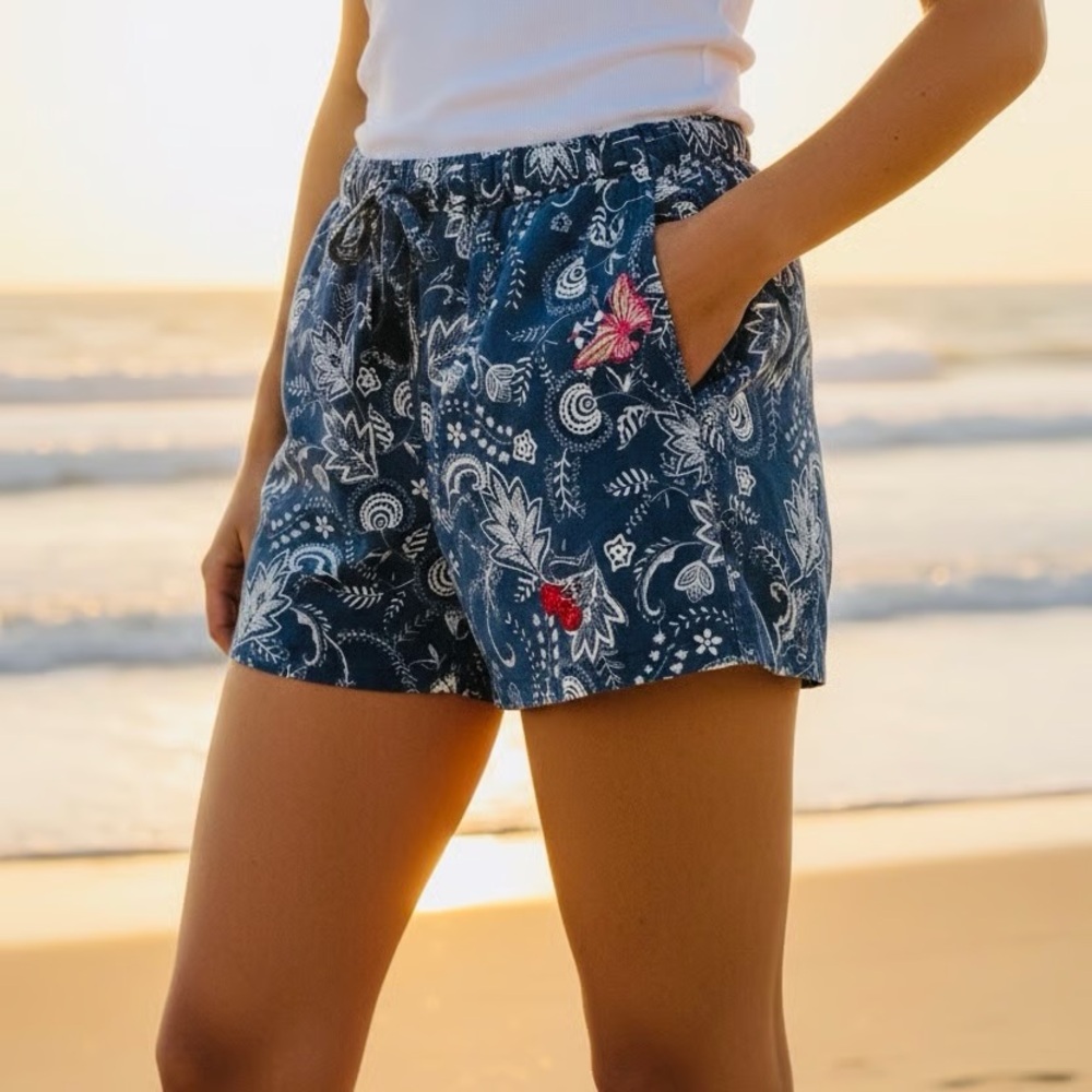 Johnny Was Workshop Linen Embroidered Paperbag Shorts S